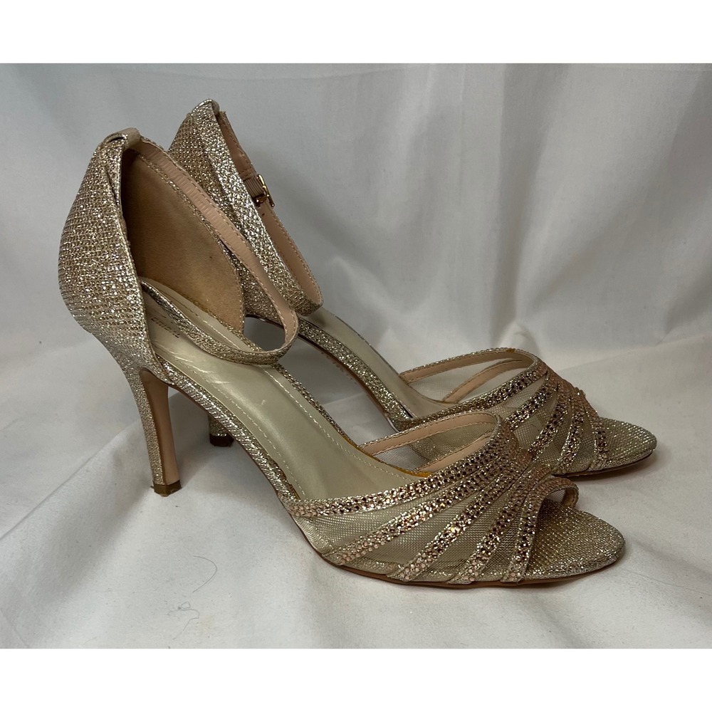 David's Bridal  Gold Sparkle Rhinestone Strappy Heels Prom Wedding Size 10